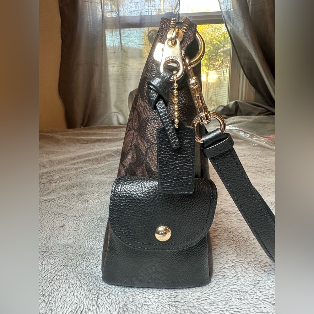 Coach Pennie Brown Black Signature Coated Canvas Shoulder Handbag Purse - Picture 4 of 16